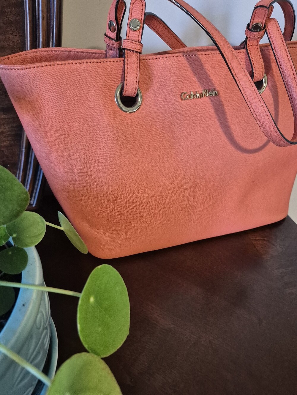 Calvin Klein Coral-Peach Saffiano Tote - Picture 4 of 4